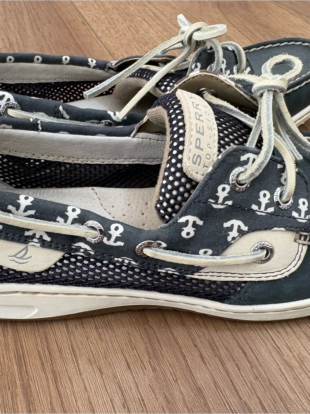 Sperry Navy and Cream Anchor-Print Boat Shoes women’s size 9 - Picture 5 of 11